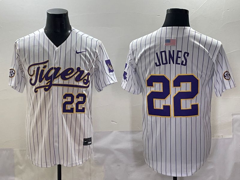 Men 2025 LSU Tigers #22 Jones White Stripe Nike Joint Name Nike NCAA Jersey style 8->ncaa teams->NCAA Jersey